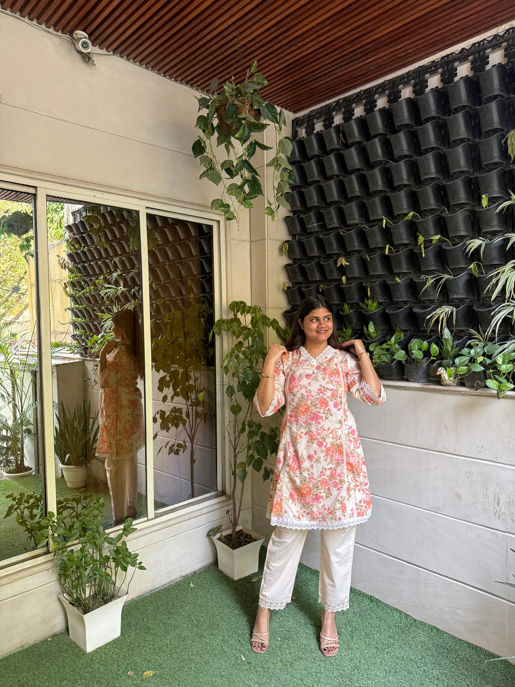 Gulbahar – Off-White Floral Print Cotton Co-ord Set with Lace Detail