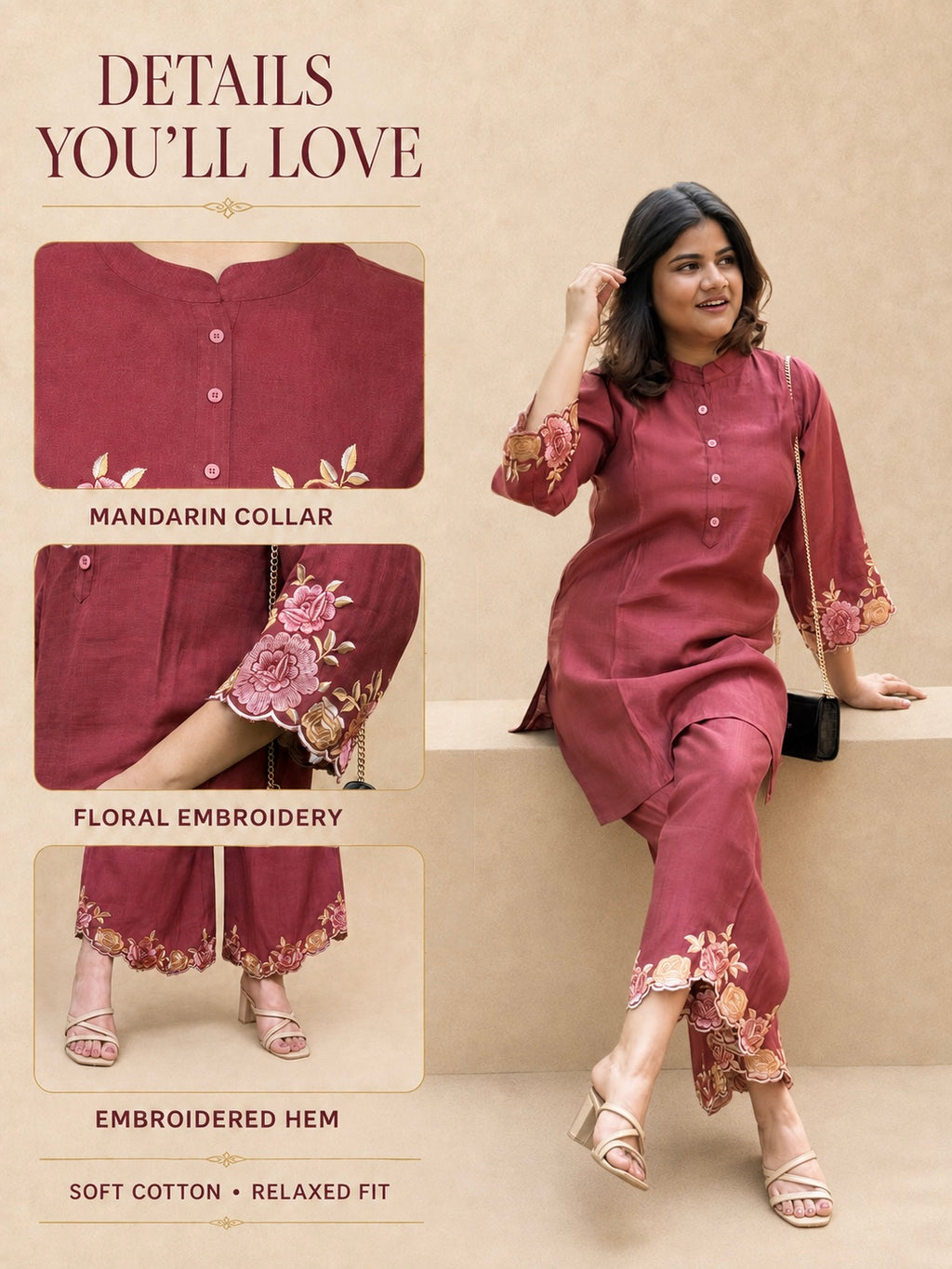 Raani – Rust Red Floral Embroidered Cotton Co-ord Set