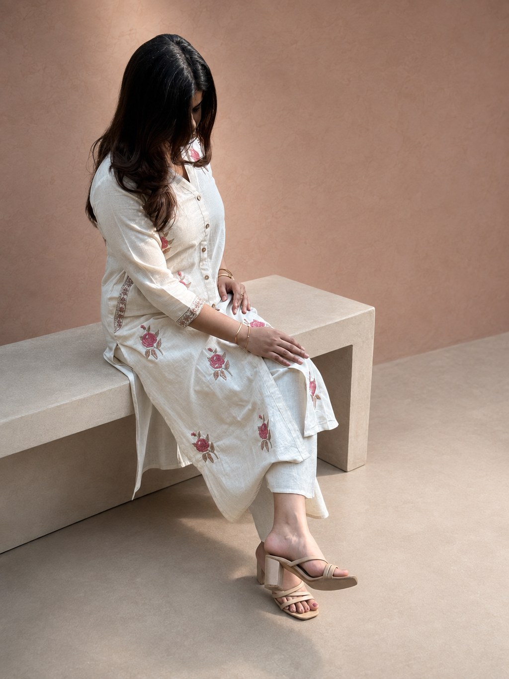 Gulabi – Ivory Floral Embroidered Khadi Cotton Co-ord Set