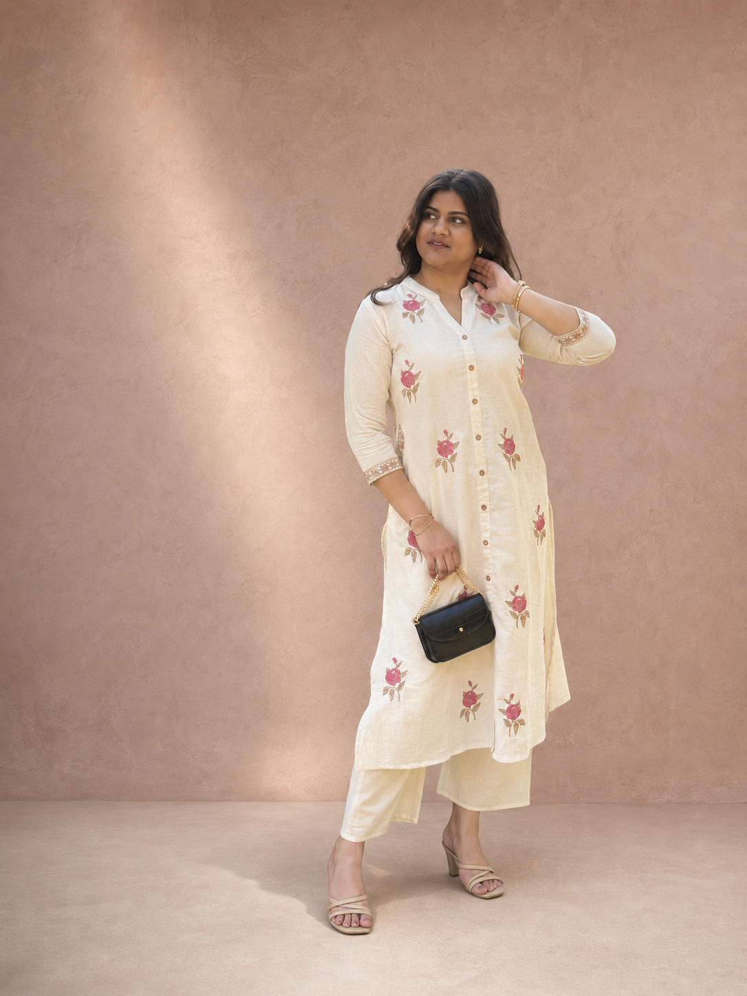 Gulabi – Ivory Floral Embroidered Khadi Cotton Co-ord Set