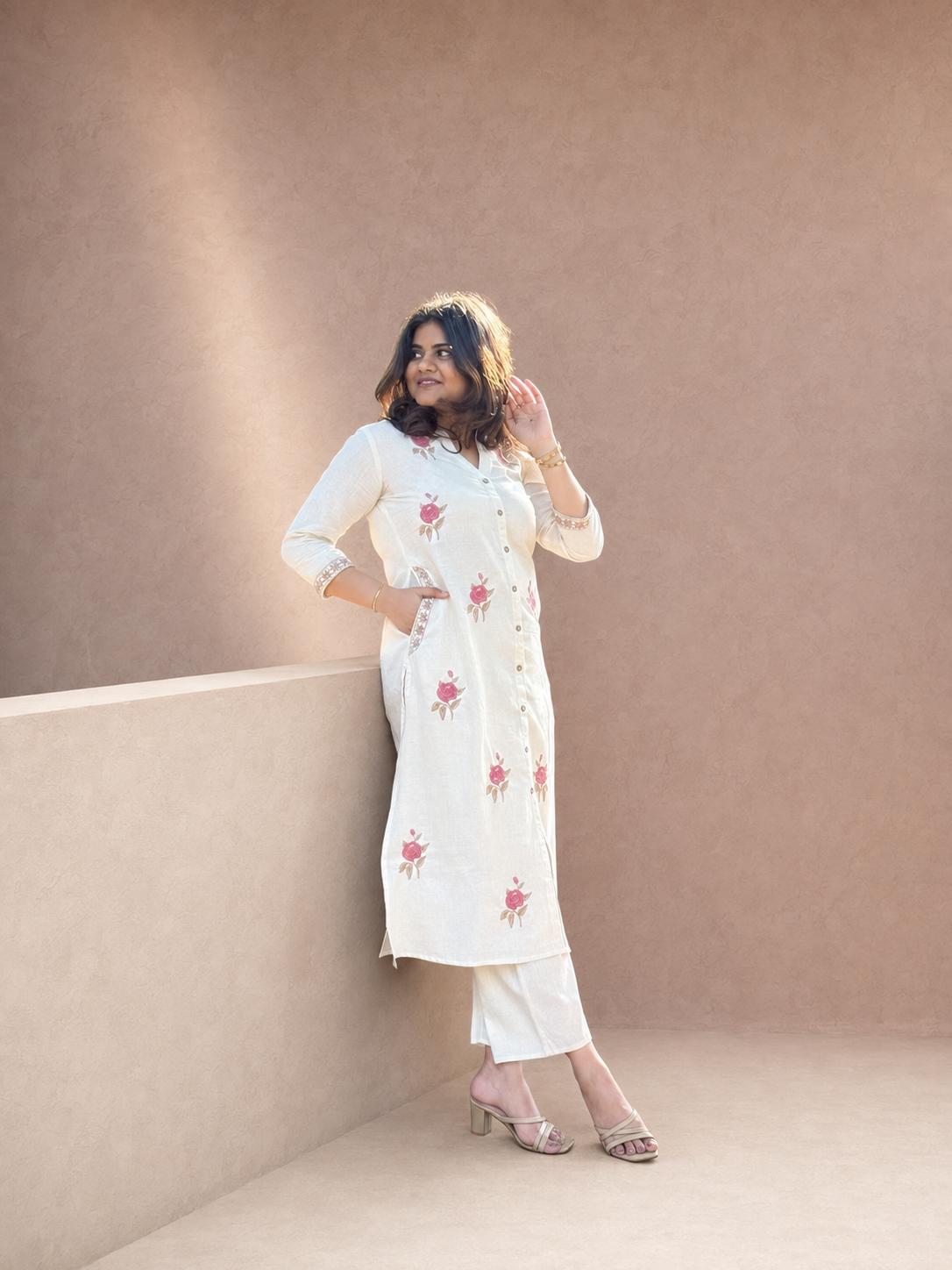 Gulabi – Ivory Floral Embroidered Khadi Cotton Co-ord Set