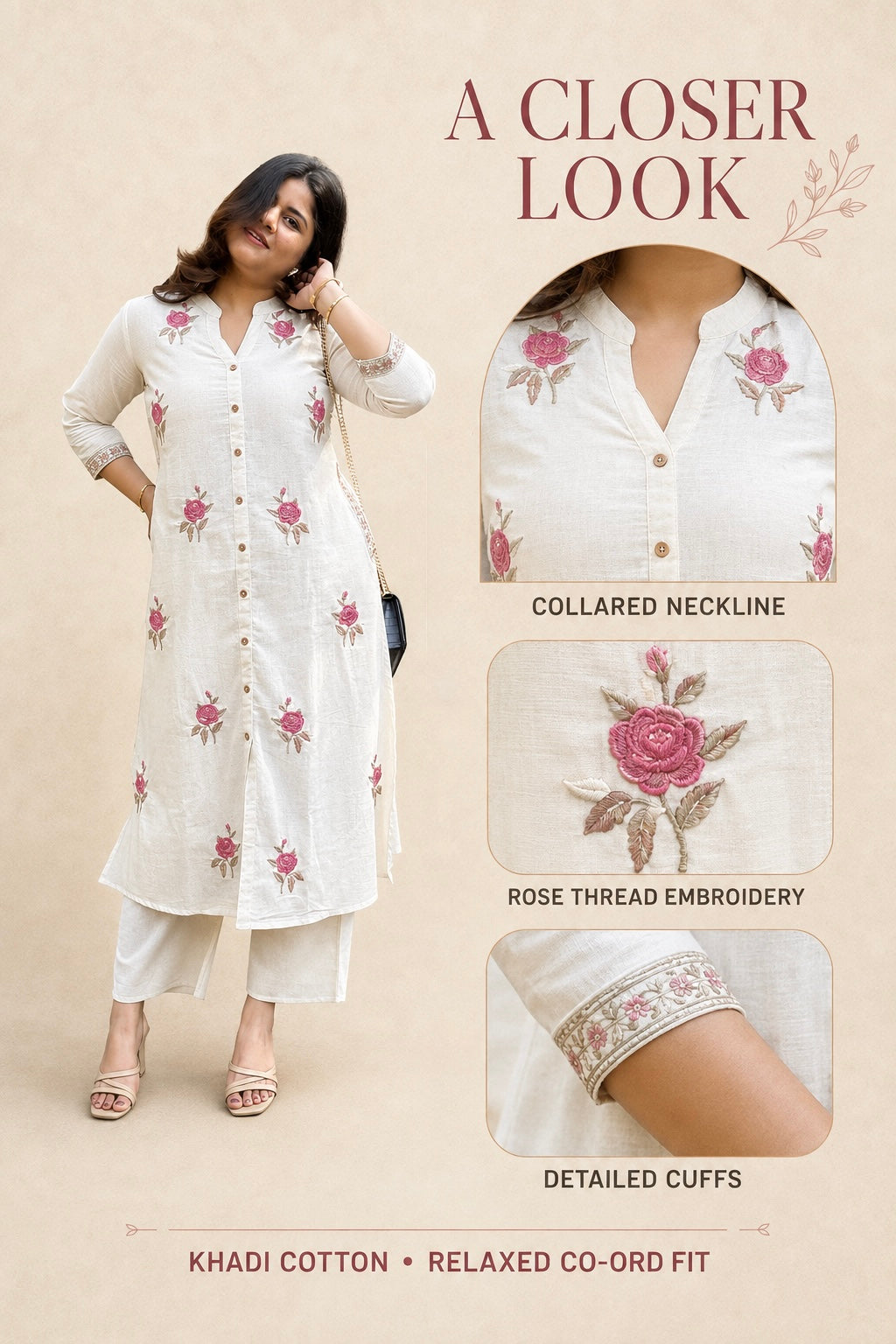 Gulabi – Ivory Floral Embroidered Khadi Cotton Co-ord Set