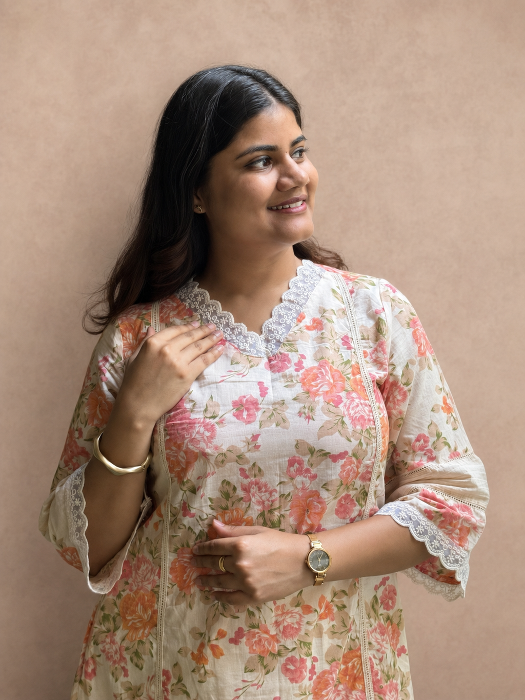 Gulbahar – Off-White Floral Print Cotton Co-ord Set with Lace Detail