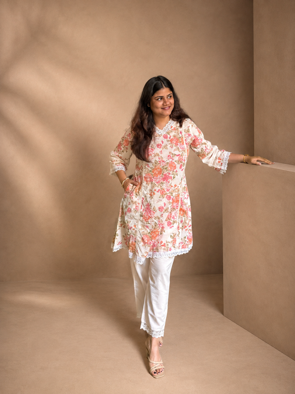 Gulbahar – Off-White Floral Print Cotton Co-ord Set with Lace Detail