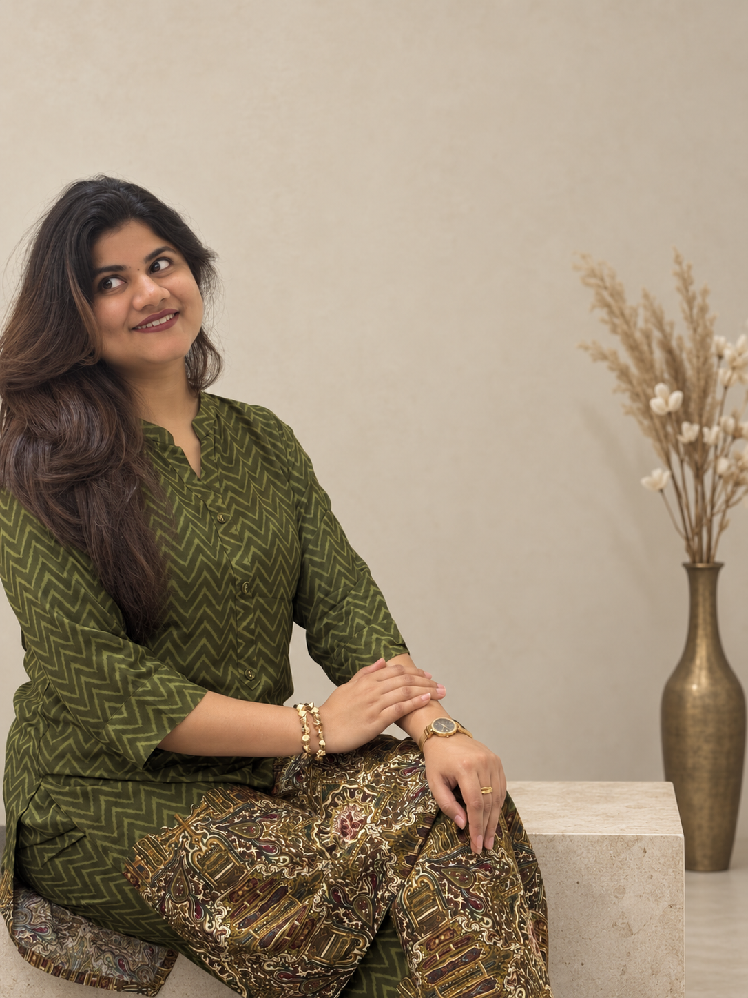 Nayantara – Olive Green Zig-Zag Print Cotton Co-ord Set