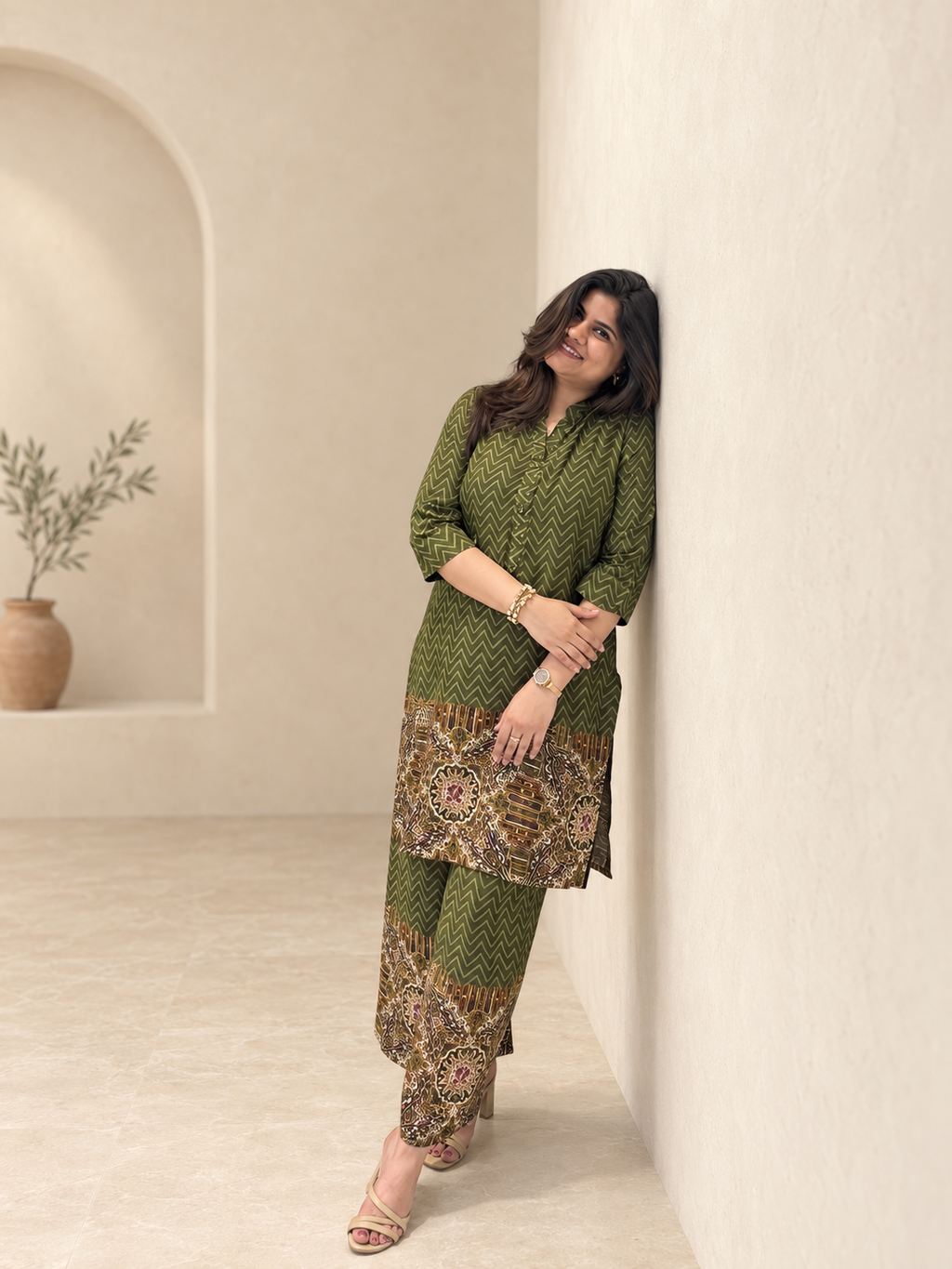 Nayantara – Olive Green Zig-Zag Print Cotton Co-ord Set