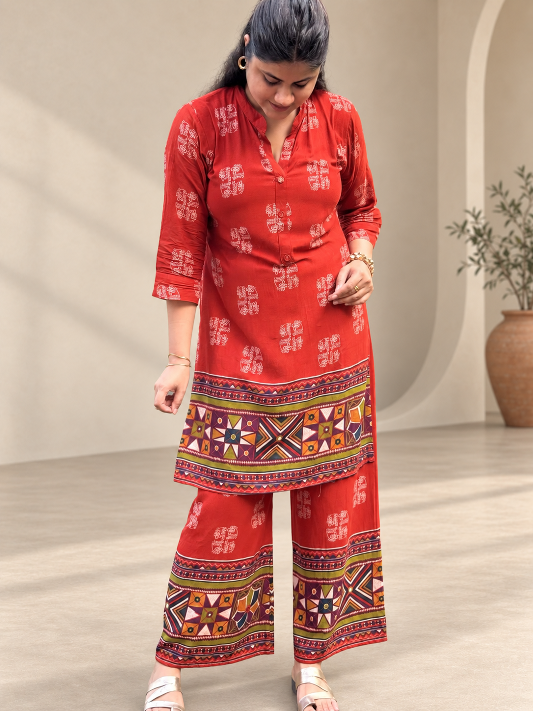 Surkh – Rust Orange Block-Style Print Cotton Co-ord Set