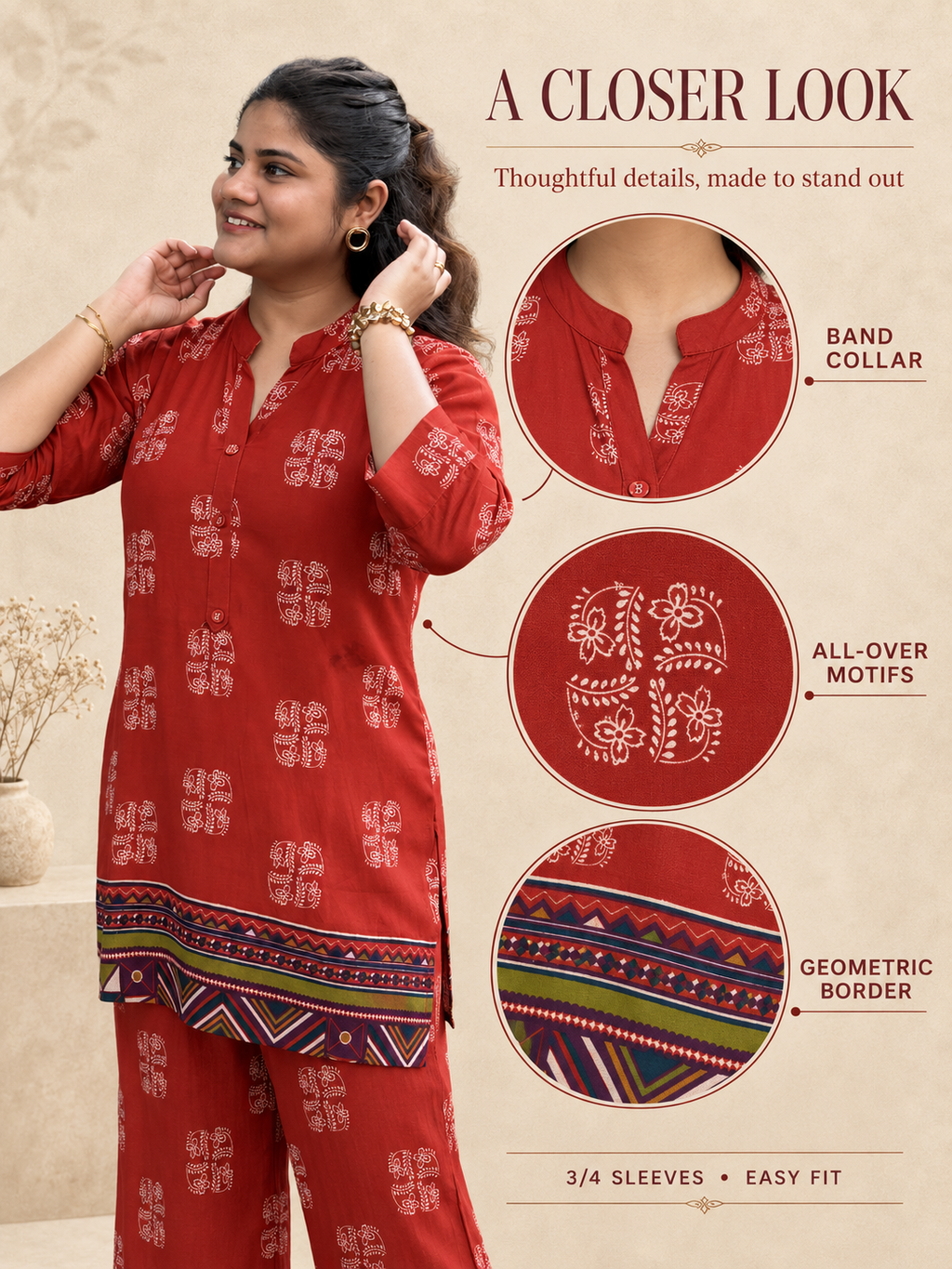 Surkh – Rust Orange Block-Style Print Cotton Co-ord Set