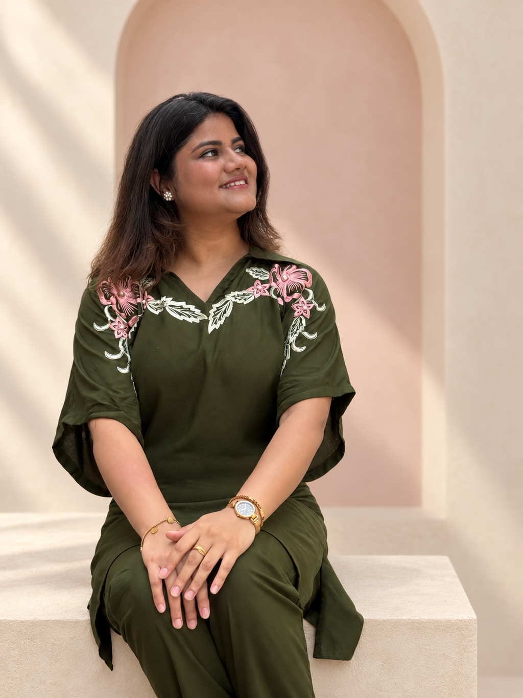 Meher – Olive Green Floral Embroidered Cotton Co-ord Set