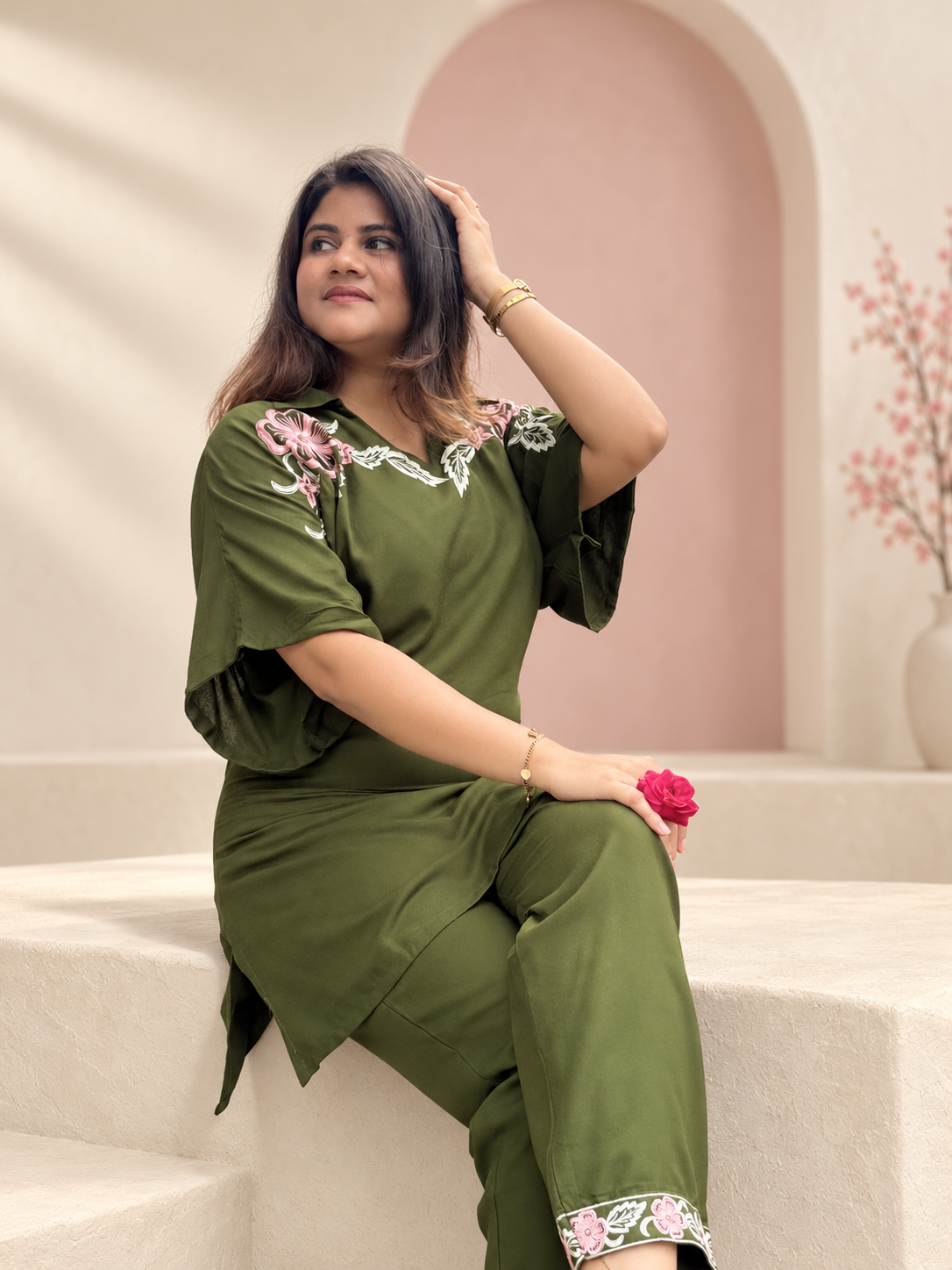 Meher – Olive Green Floral Embroidered Cotton Co-ord Set