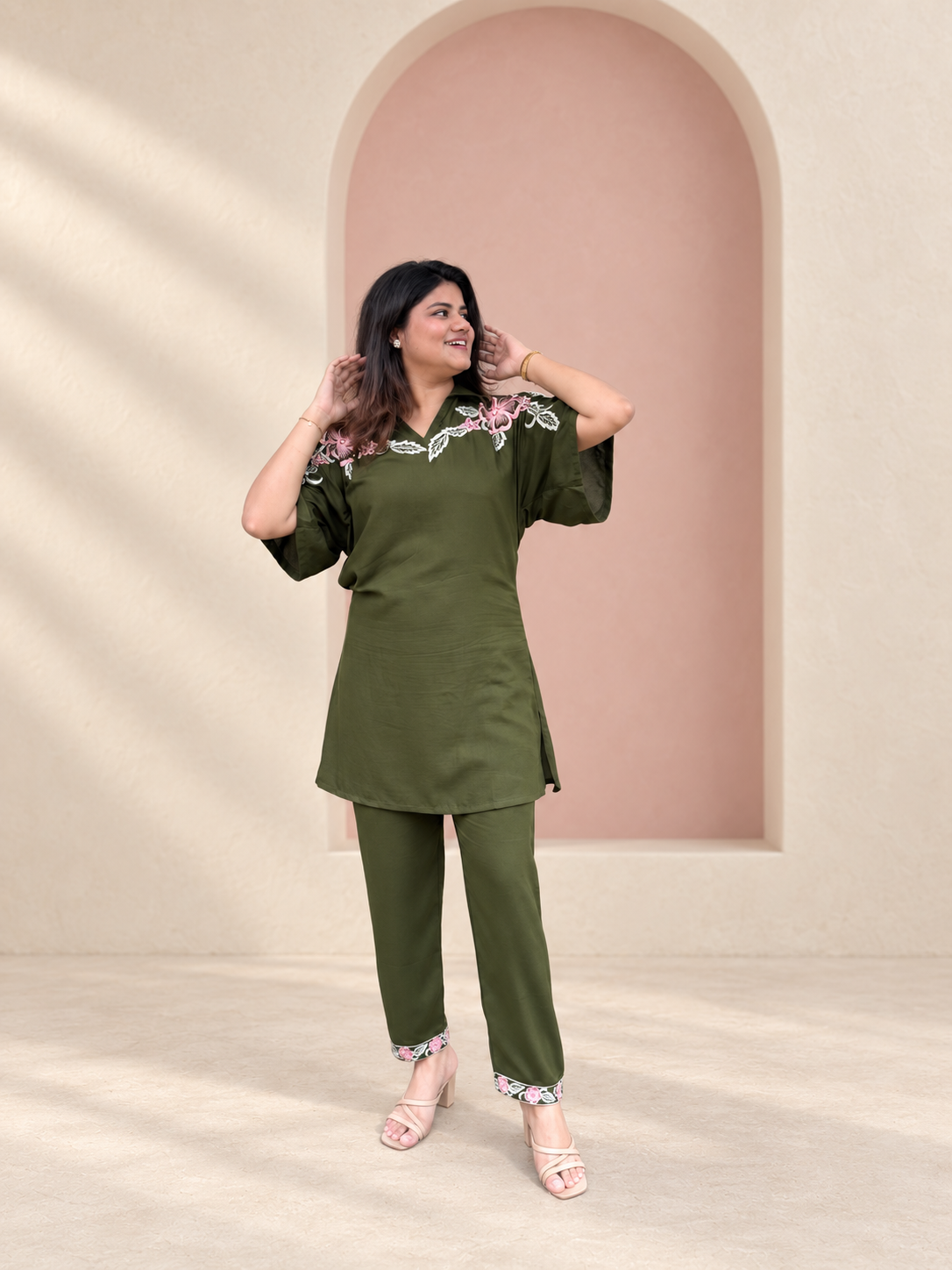 Meher – Olive Green Floral Embroidered Cotton Co-ord Set