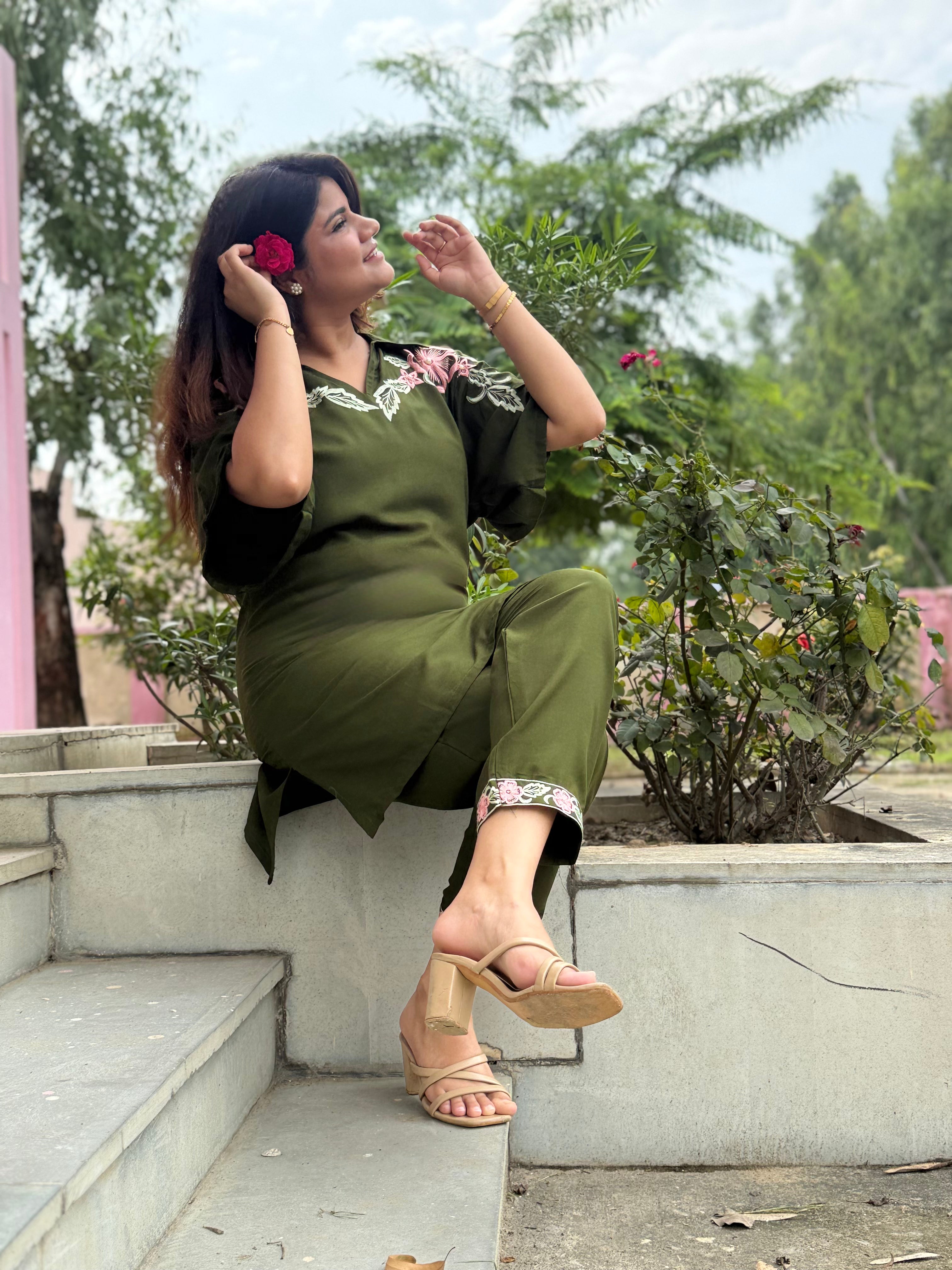 Meher – Olive Green Floral Embroidered Cotton Co-ord Set