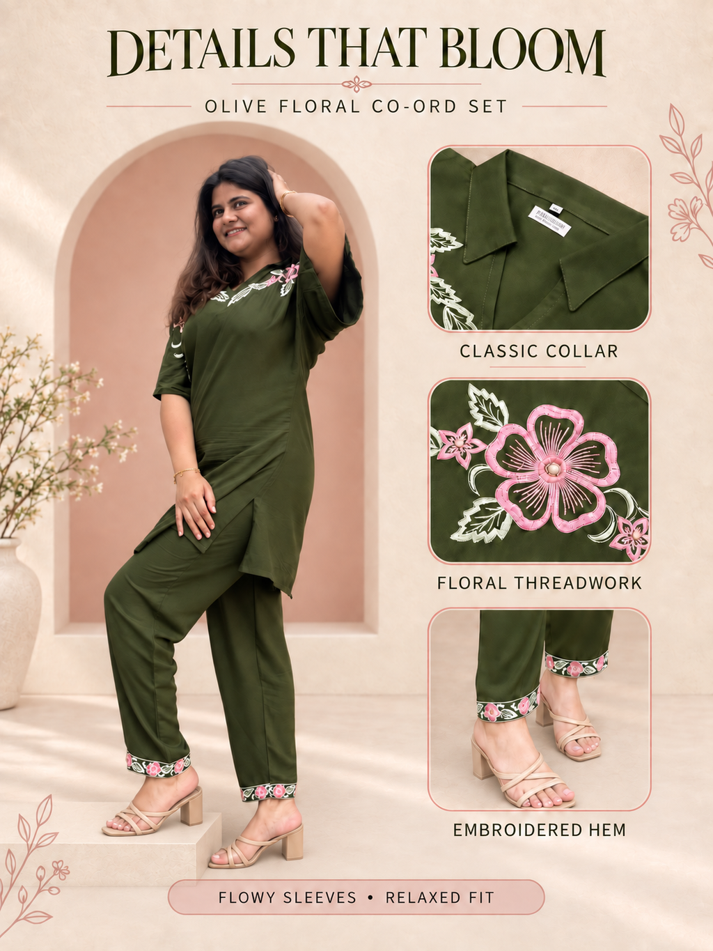 Meher – Olive Green Floral Embroidered Cotton Co-ord Set