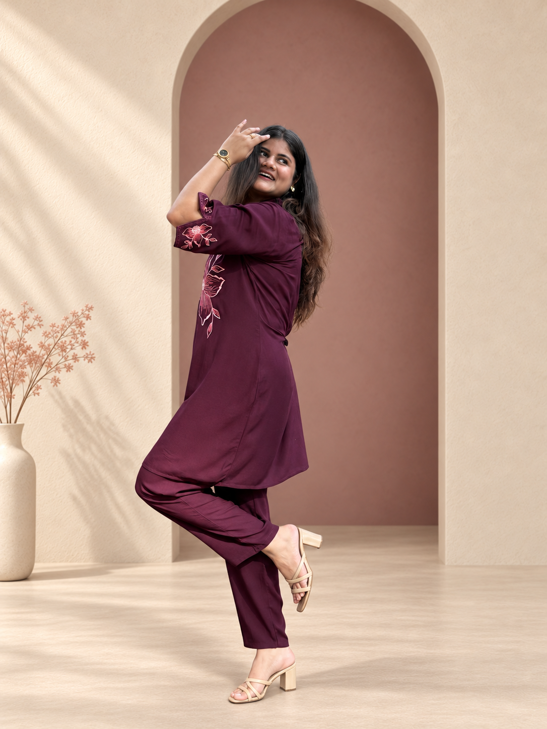 Noor – Wine Floral Embroidered Cotton Co-ord Set