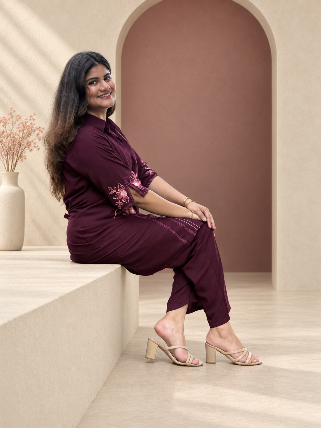 Noor – Wine Floral Embroidered Cotton Co-ord Set