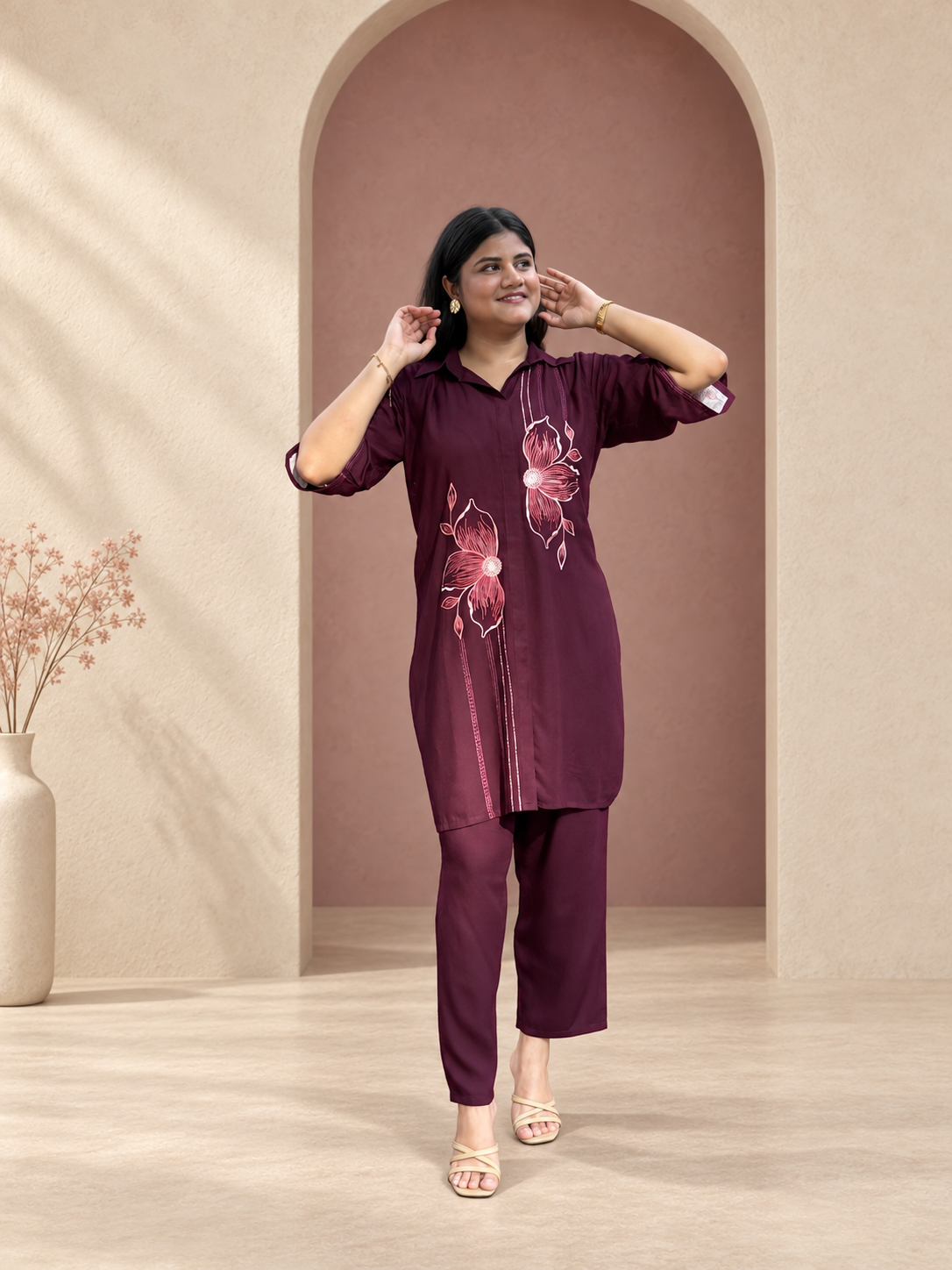 Noor – Wine Floral Embroidered Cotton Co-ord Set