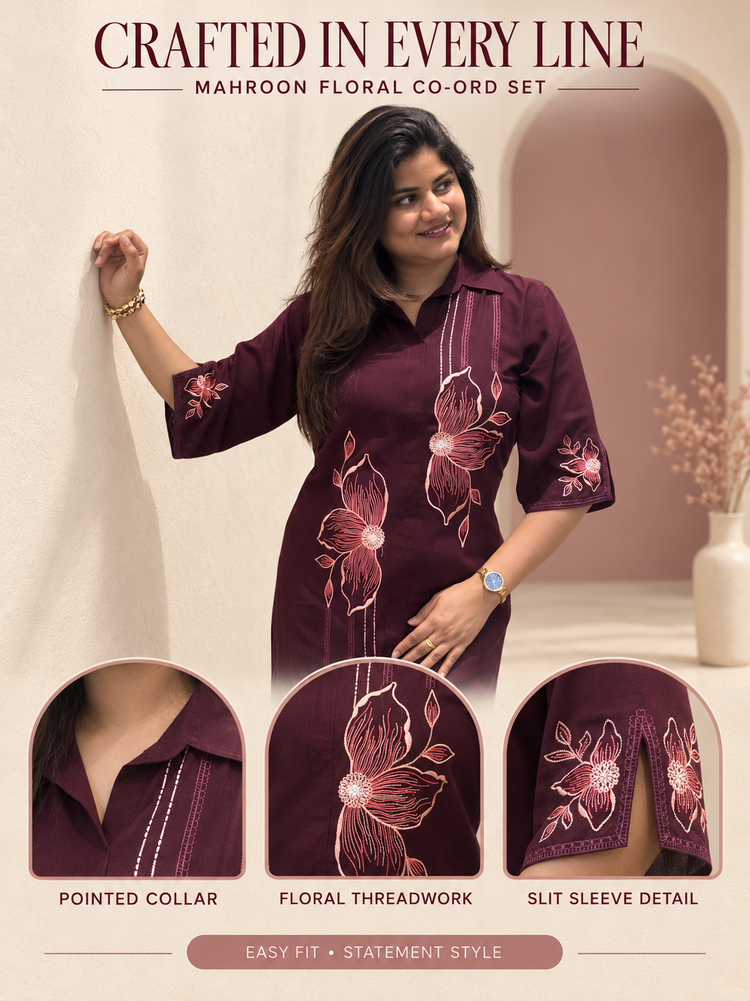 Noor – Wine Floral Embroidered Cotton Co-ord Set