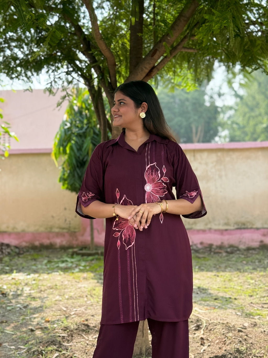 Noor – Wine Floral Embroidered Cotton Co-ord Set