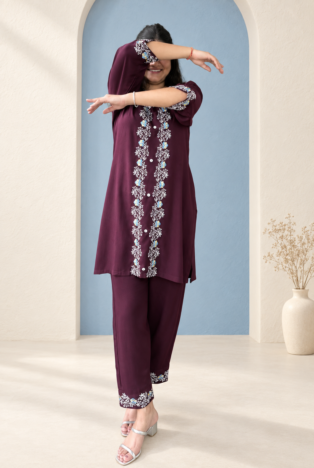 Jamuni – Deep Plum Floral Embroidered Cotton Co-ord Set