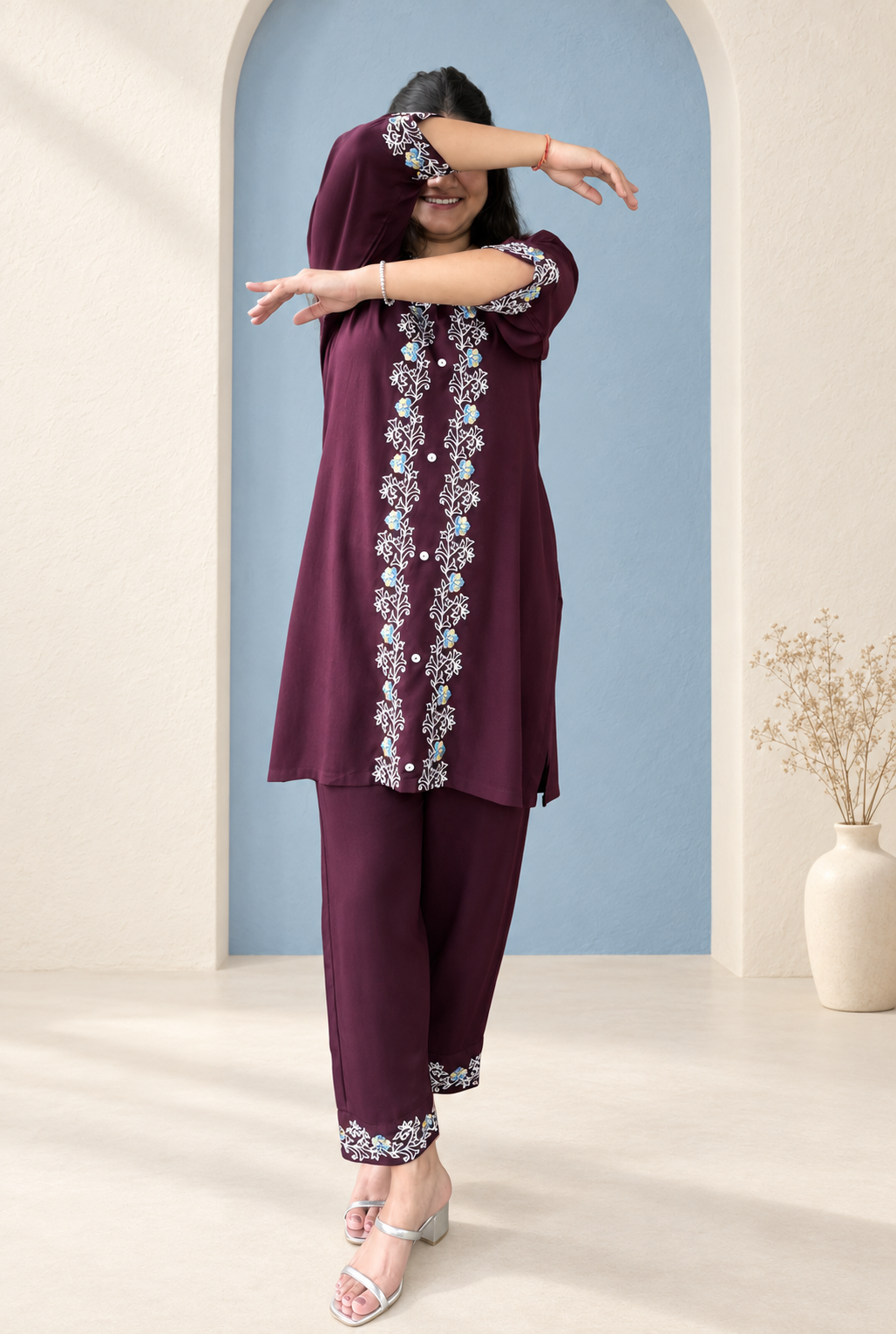 Jamuni – Deep Plum Floral Embroidered Cotton Co-ord Set