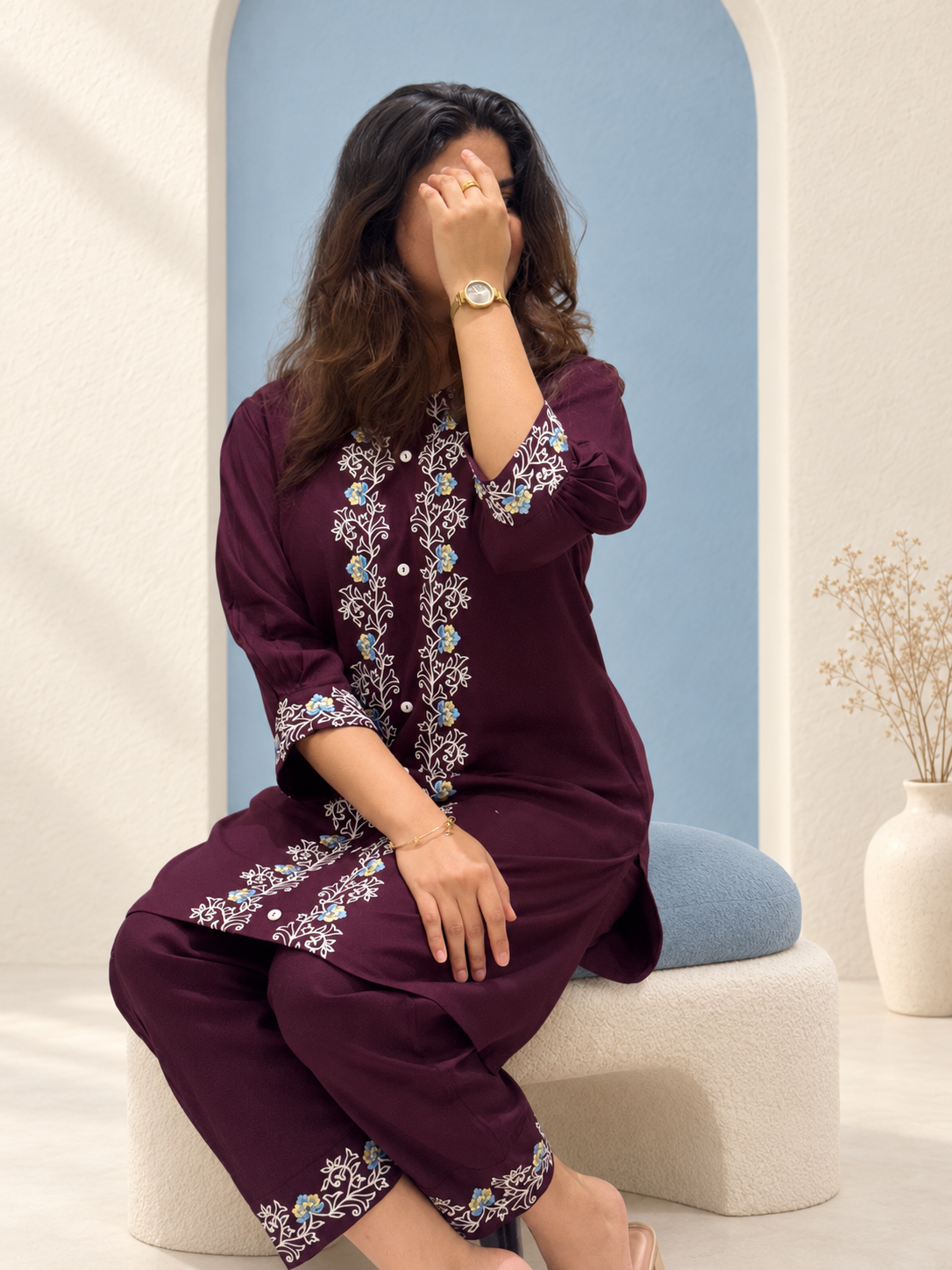 Jamuni – Deep Plum Floral Embroidered Cotton Co-ord Set