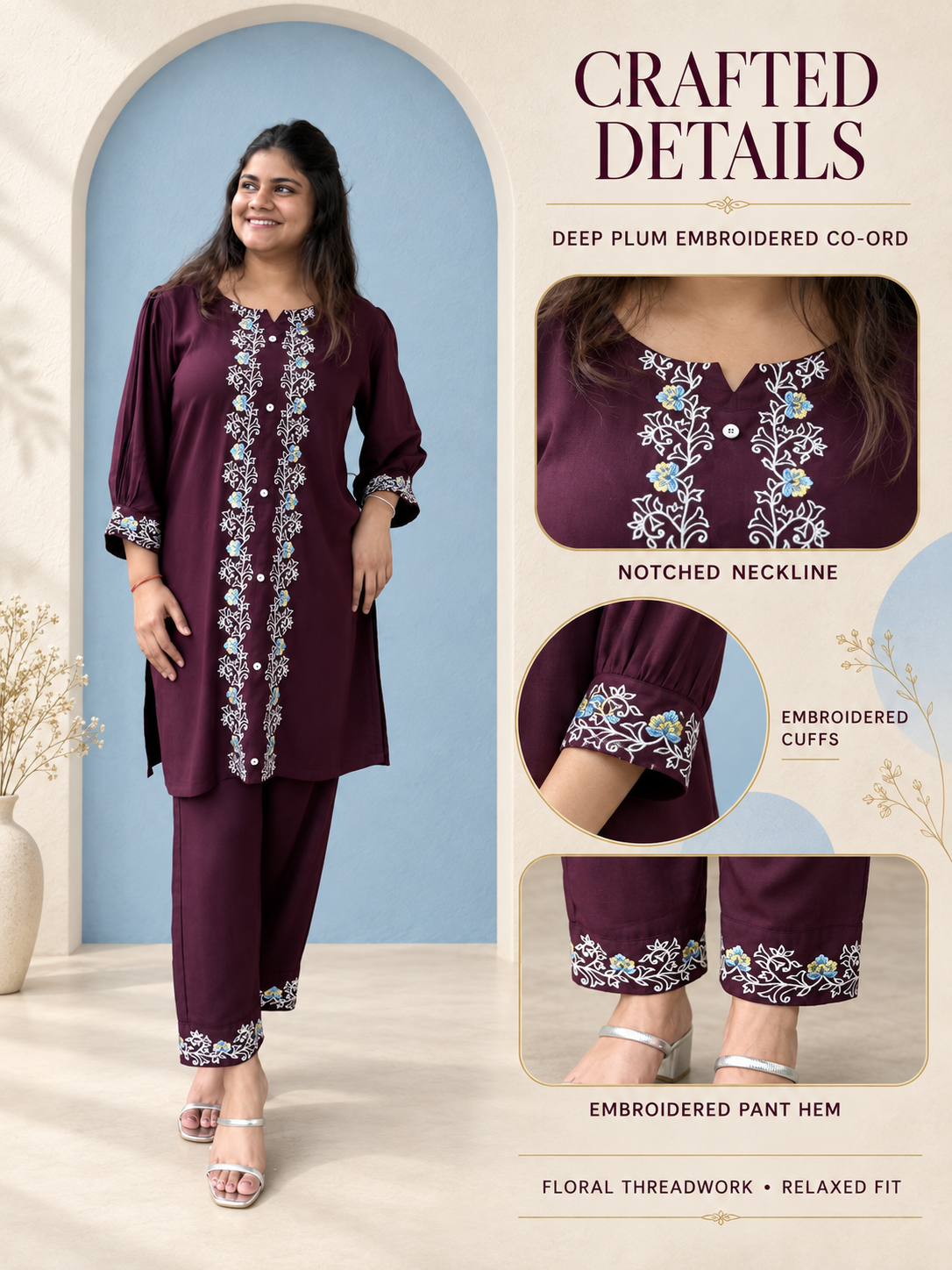 Jamuni – Deep Plum Floral Embroidered Cotton Co-ord Set