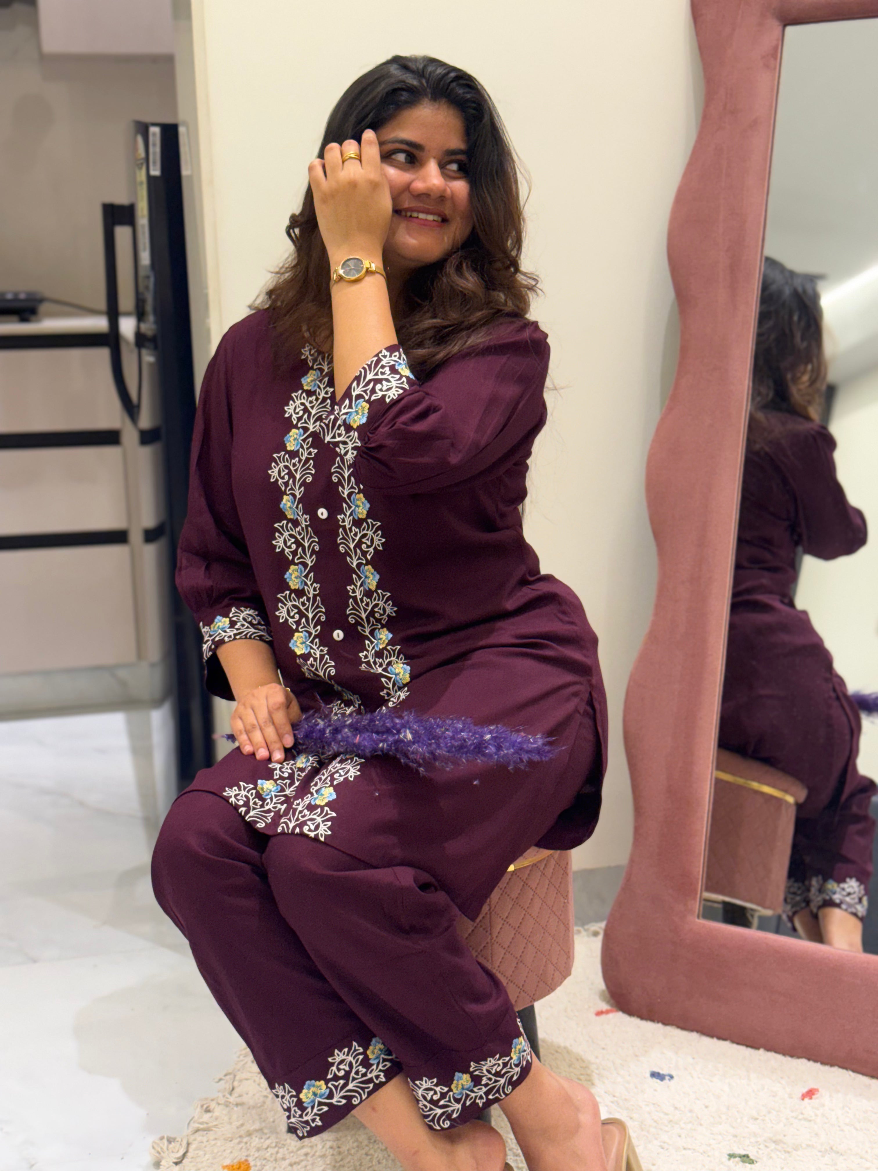 Jamuni – Deep Plum Floral Embroidered Cotton Co-ord Set