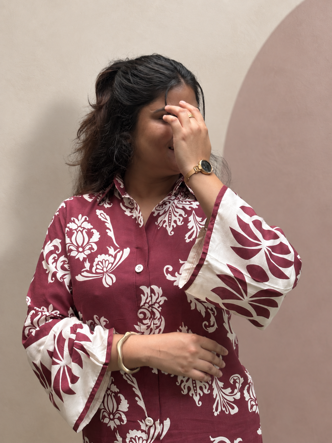 Surkhi – Maroon Damask-Style Print Cotton Co-ord Set
