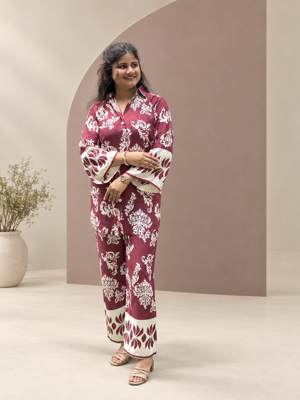 Surkhi – Maroon Damask-Style Print Cotton Co-ord Set