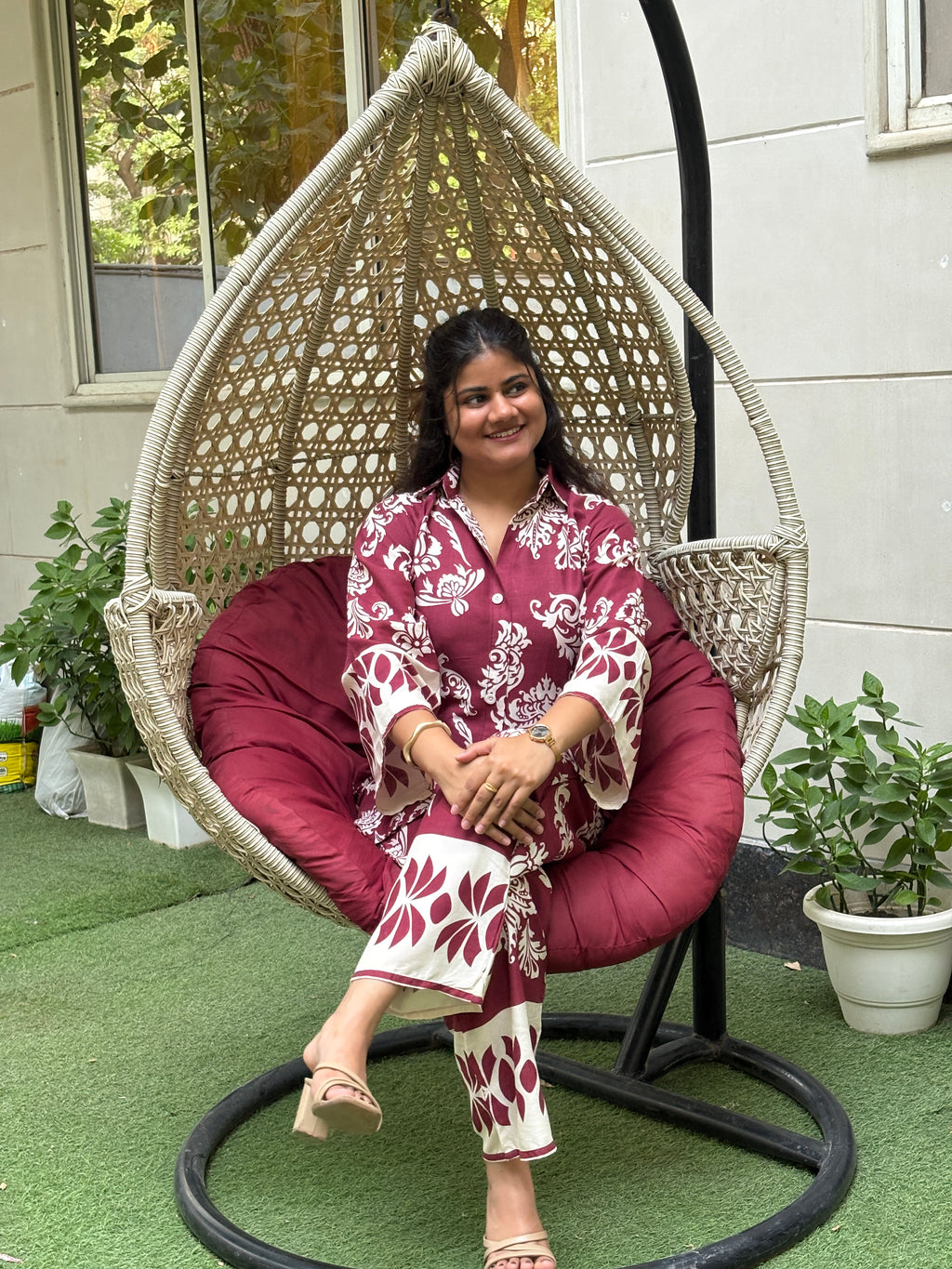 Surkhi – Maroon Damask-Style Print Cotton Co-ord Set