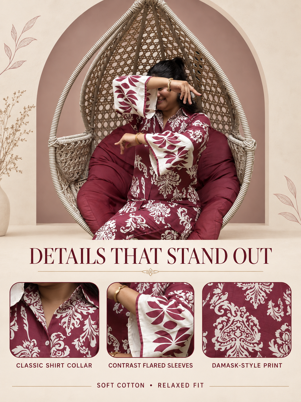 Surkhi – Maroon Damask-Style Print Cotton Co-ord Set