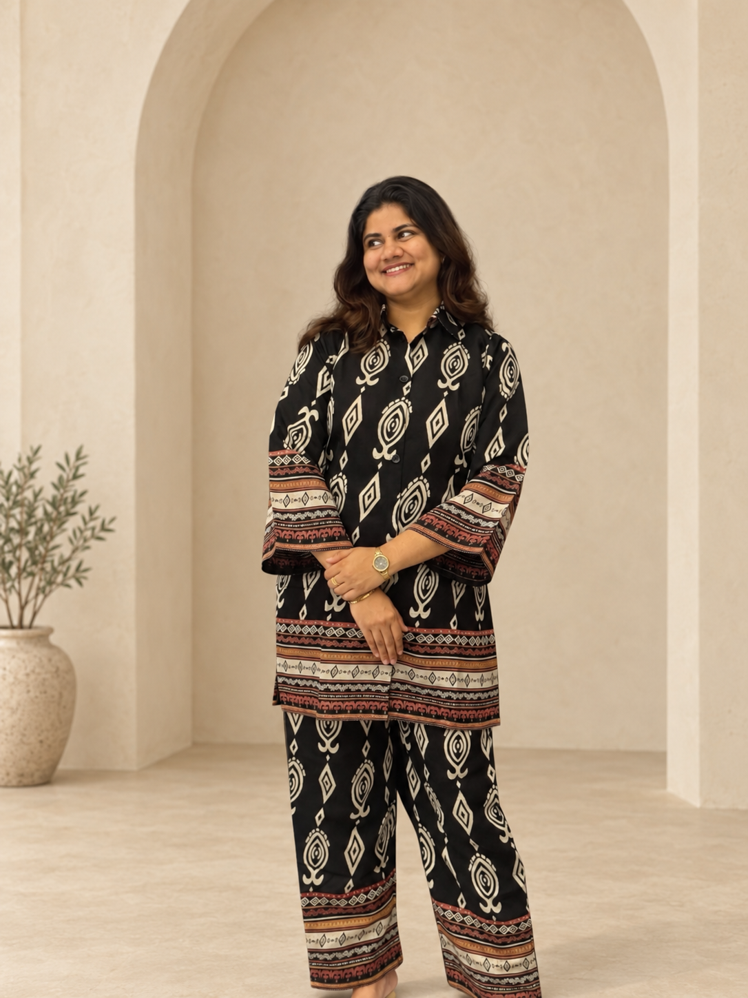Meghra – Black Ikat-Style Print Cotton Co-ord Set