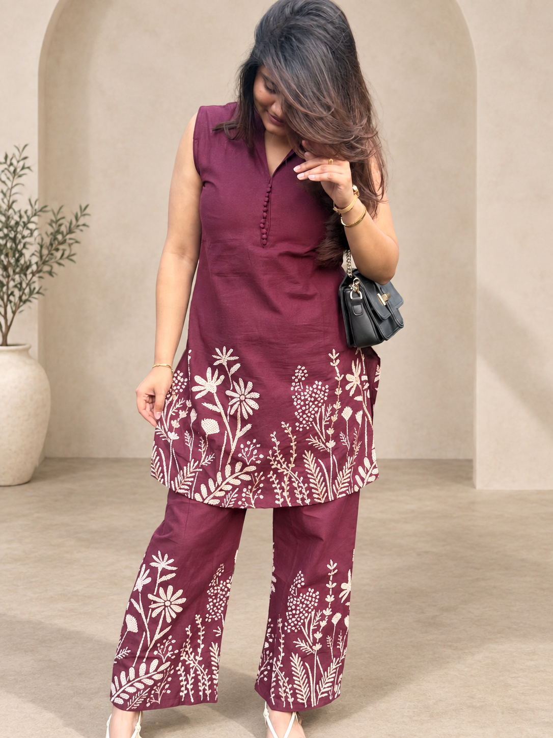 Ruhani – Wine Floral Print Cotton Co-ord Set with Bead & Sequin Detail