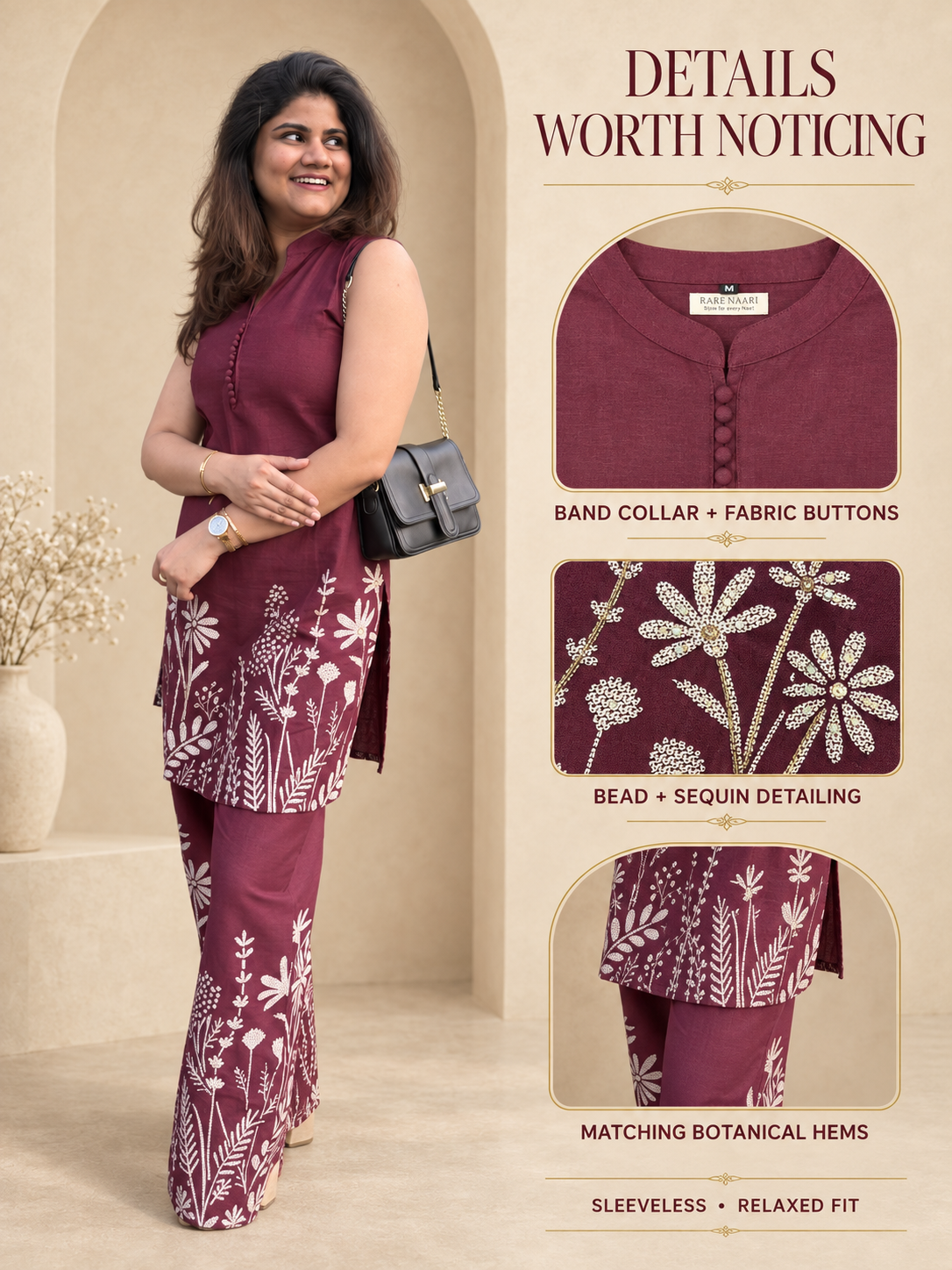 Ruhani – Wine Floral Print Cotton Co-ord Set with Bead & Sequin Detail