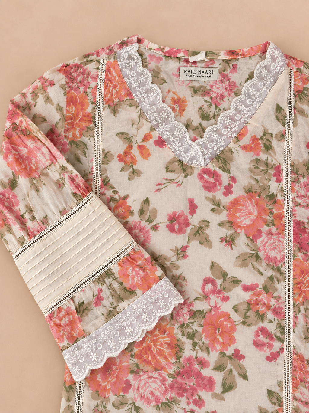 Gulbahar – Off-White Floral Print Cotton Co-ord Set with Lace Detail