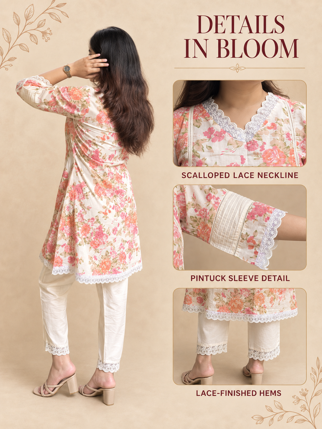 Gulbahar – Off-White Floral Print Cotton Co-ord Set with Lace Detail