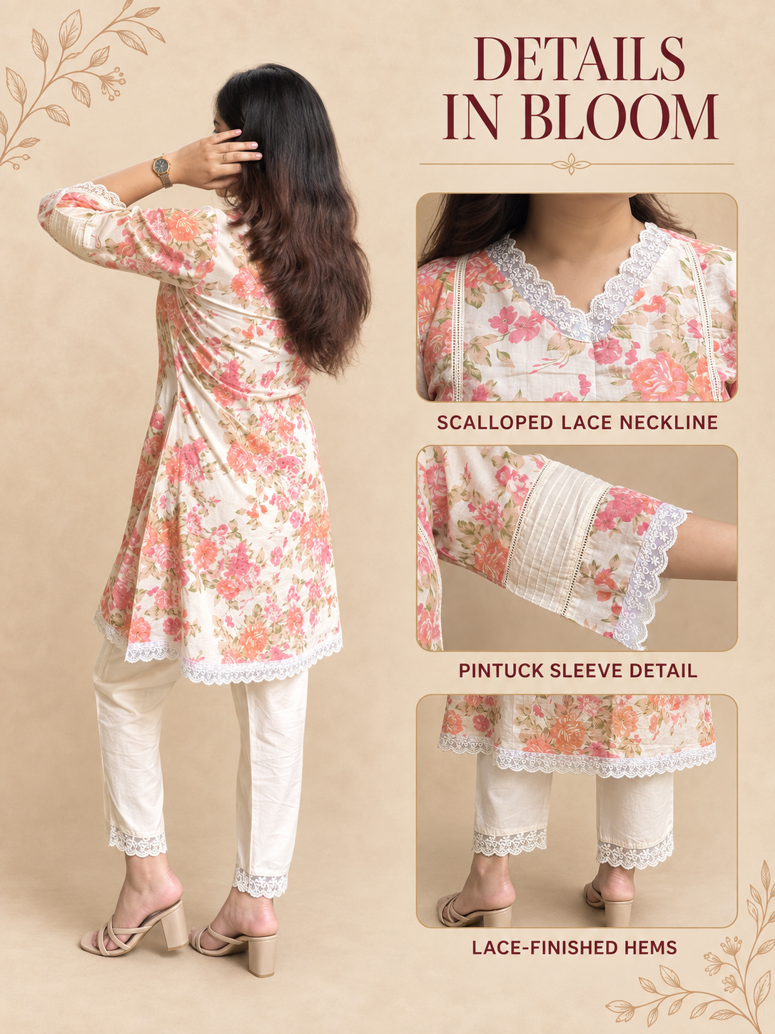 Gulbahar – Off-White Floral Print Cotton Co-ord Set with Lace Detail