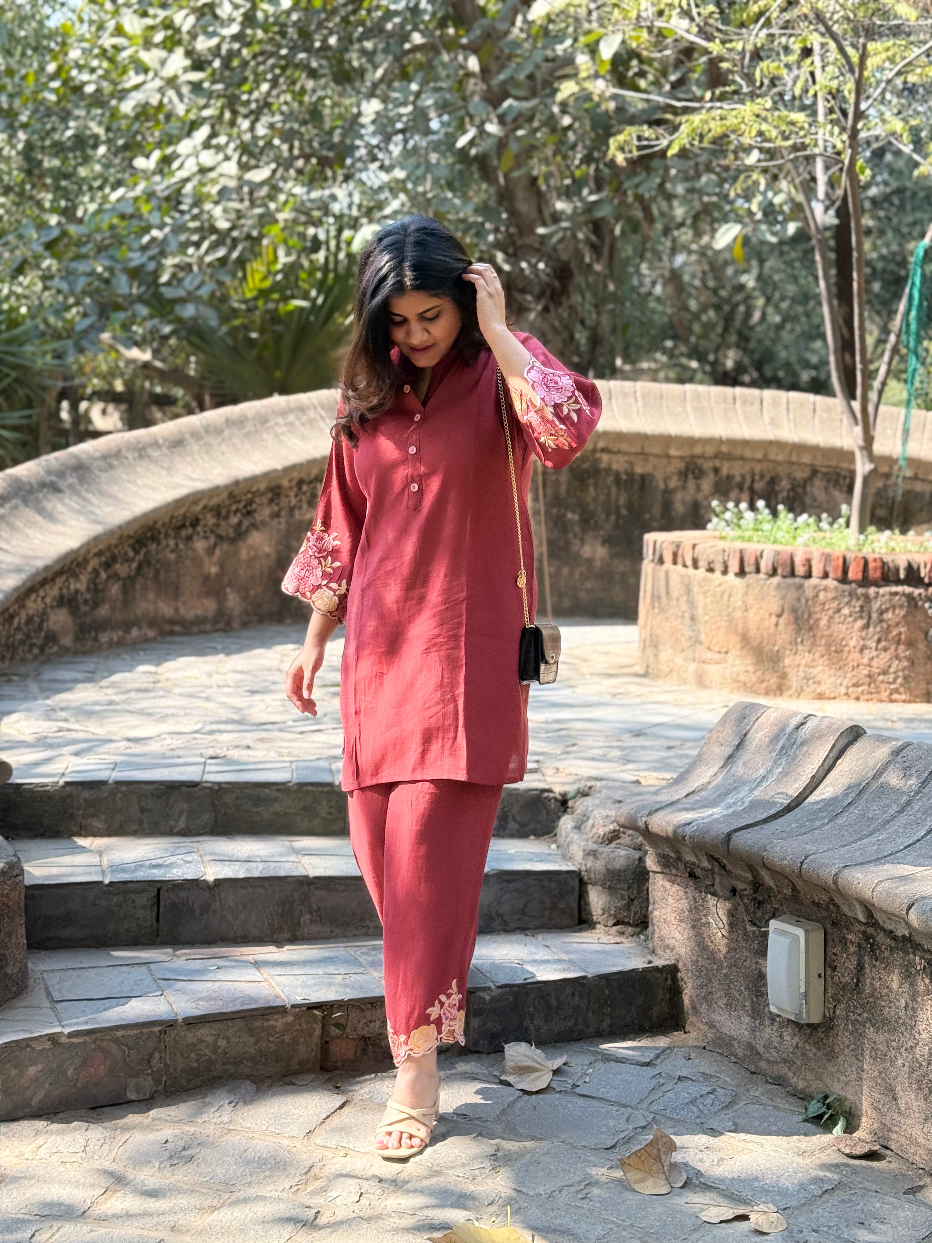 Raani – Rust Red Floral Embroidered Cotton Co-ord Set