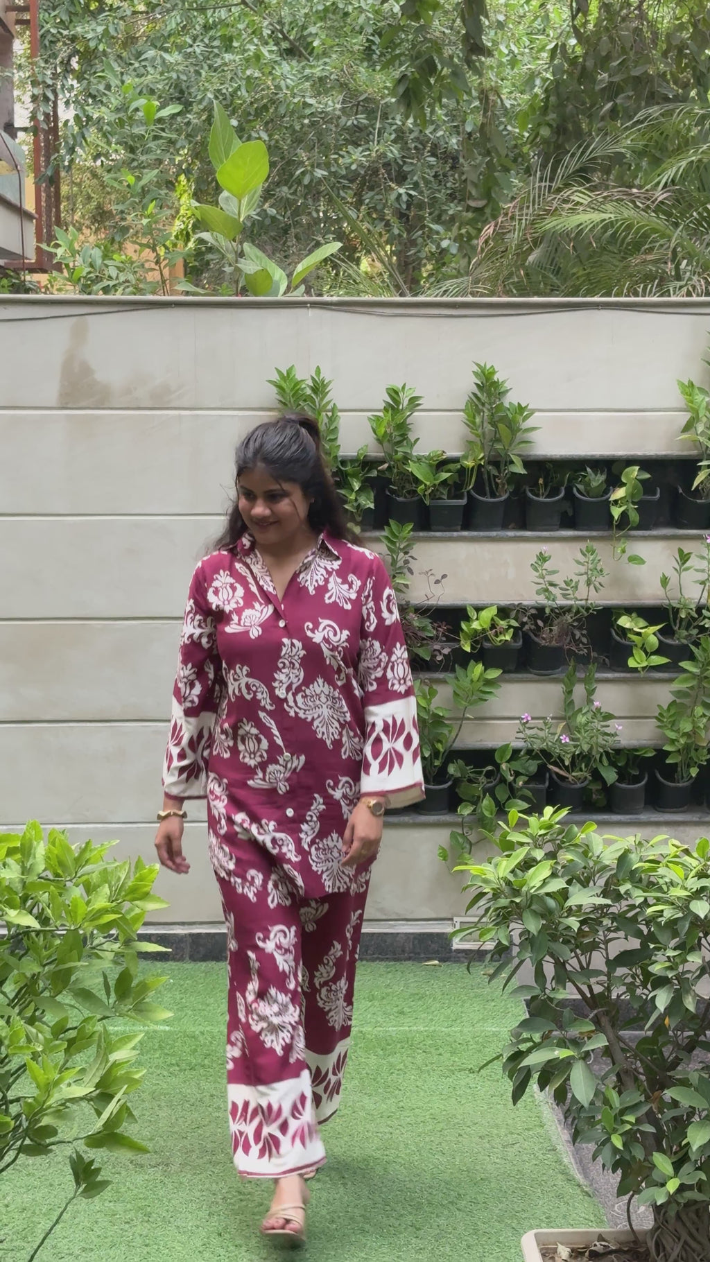 Surkhi – Maroon Damask-Style Print Cotton Co-ord Set