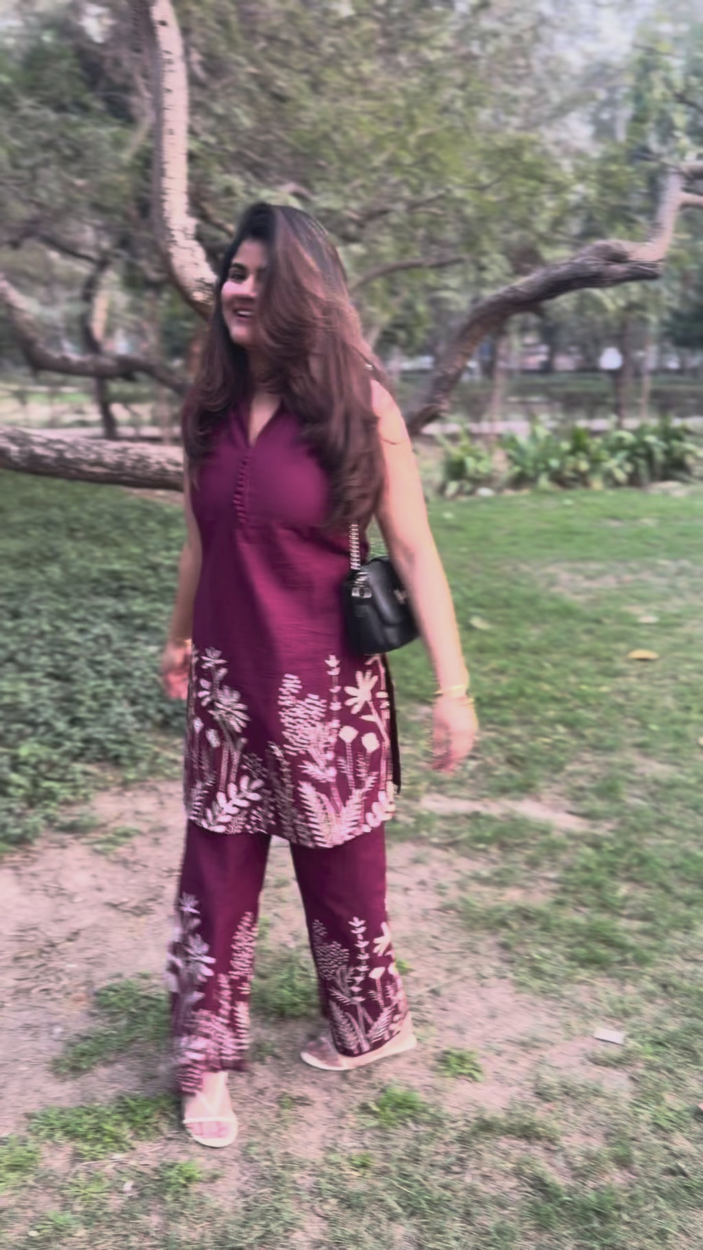 Ruhani – Wine Floral Print Cotton Co-ord Set with Bead & Sequin Detail